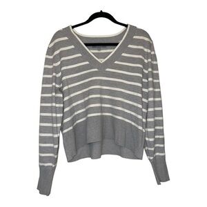 Marled by Reunited Clothing Crop V-Neck Striped Sweater in Gray and White